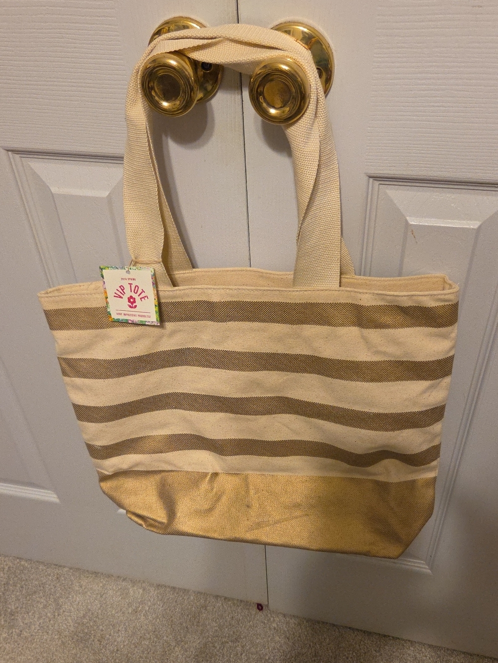 Bath And Body Works Striped Canvas Tote Bag with Gold Accent -